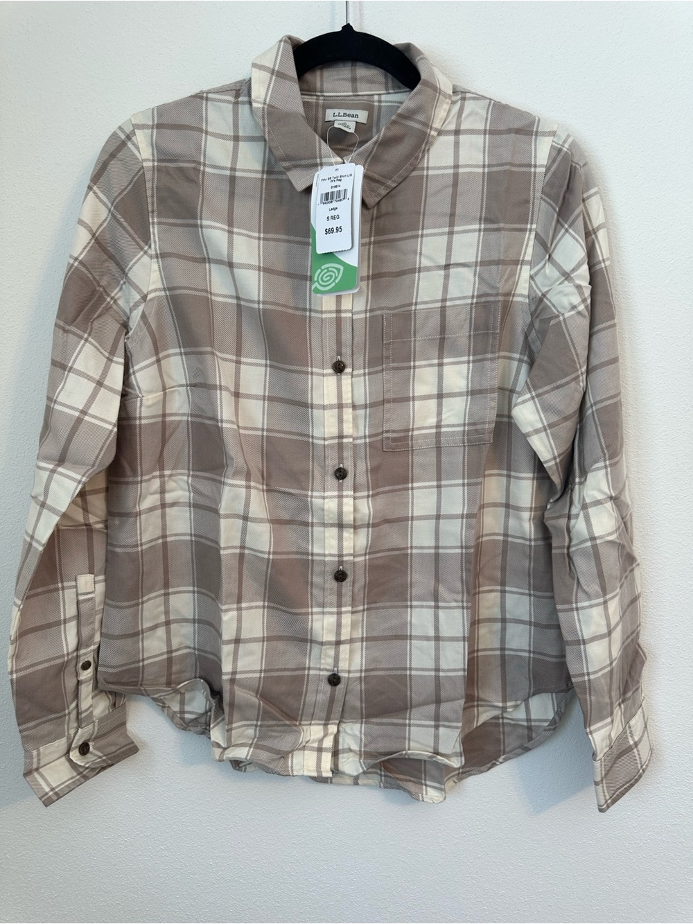 L.L.BEAN Beige & Cream Plaid Button-Up Shirt Lightweight Size Small NWT